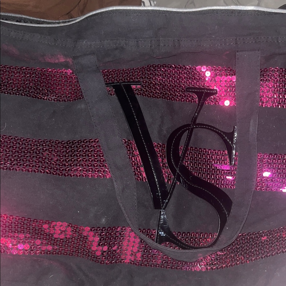 Victoria's Secret Black Tote with Pink Sequin Stripes
